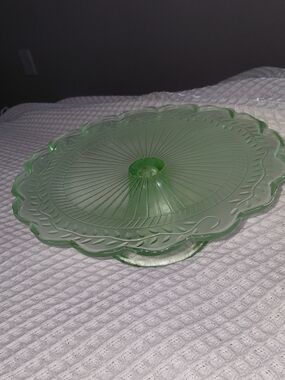 Green Glass Pedestal Cake Stand Vintage